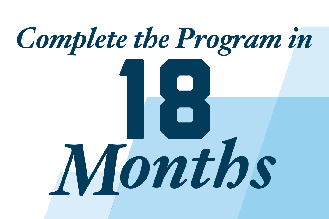 Complete the Program in 18 months in blue text and background pattern