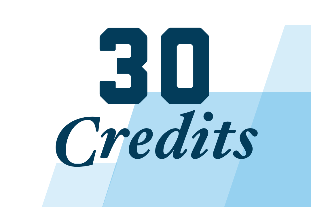 30 credits, blue text and background pattern