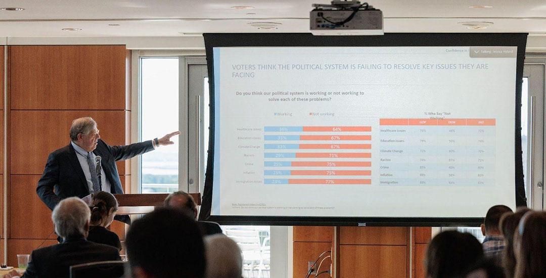 Polling presentation by Mark Penn with slides on screen